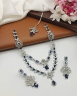 American Diamond Double Layer Necklace Set with Earrings & Maang Tikka - Image 7