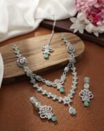 American Diamond Double Layer Necklace Set with Earrings & Maang Tikka - Image 2
