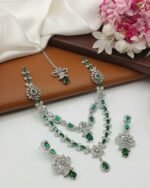 American Diamond Double Layer Necklace Set with Earrings & Maang Tikka - Image 6