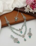 American Diamond Double Layer Necklace Set with Earrings & Maang Tikka - Image 3