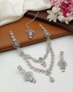 American Diamond Double Layer Necklace Set with Earrings & Maang Tikka - Image 5