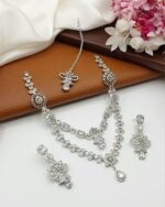 American Diamond Double Layer Necklace Set with Earrings & Maang Tikka - Image 4